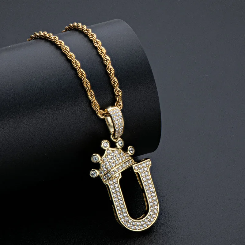 The Letter U Created Diamond Crown Hip Hop Rope Chain Pendant Necklace