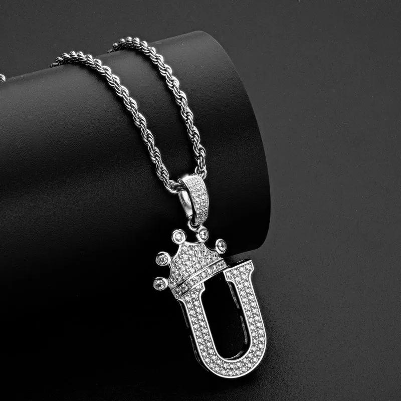The Letter U Created Diamond Crown Hip Hop Rope Chain Pendant Necklace