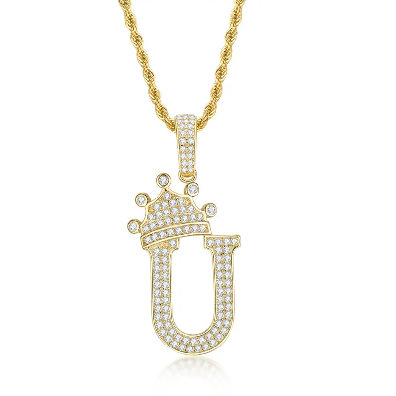The Letter U Created Diamond Crown Hip Hop Rope Chain Pendant Necklace