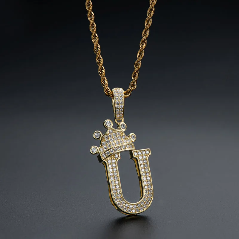 The Letter U Created Diamond Crown Hip Hop Rope Chain Pendant Necklace