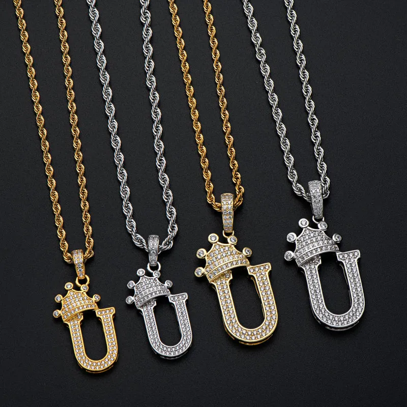 The Letter U Created Diamond Crown Hip Hop Rope Chain Pendant Necklace