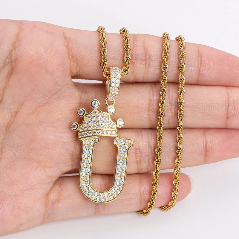 The Letter U Created Diamond Crown Hip Hop Rope Chain Pendant Necklace