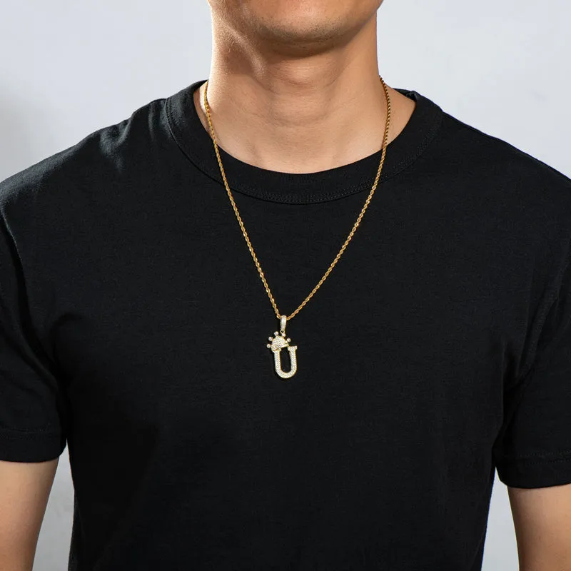 The Letter U Created Diamond Crown Hip Hop Rope Chain Pendant Necklace