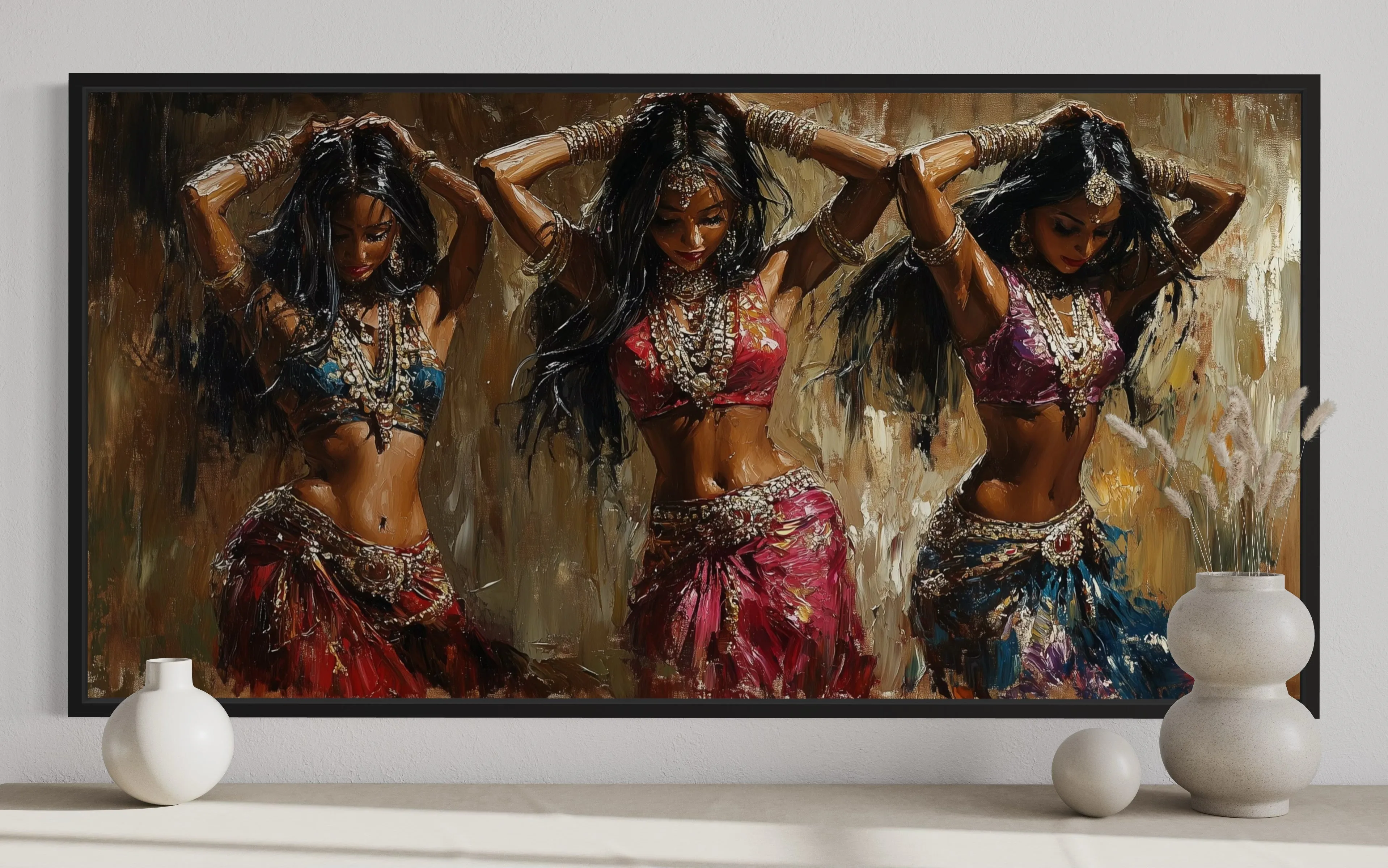 Three Indian Belly Dancers Framed Canvas Wall Art