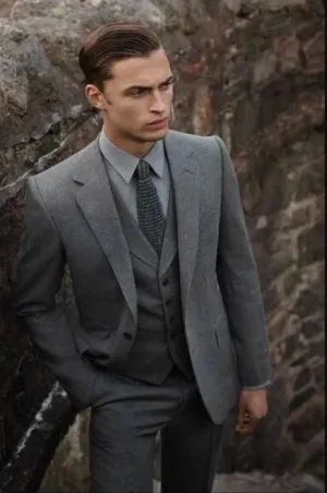 Three-Piece Grey Herringbone Suit for Men - Vintage Grey Wedding Attire