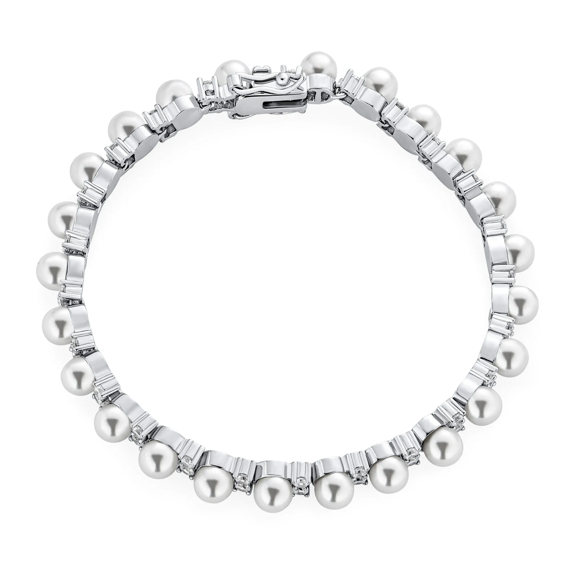 Traditional Bridal CZ Accent Pearl Strand Bracelet Silver Plated 7.25 Inch