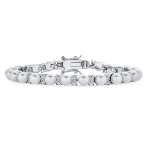 Traditional Bridal CZ Accent Pearl Strand Bracelet Silver Plated 7.25 Inch