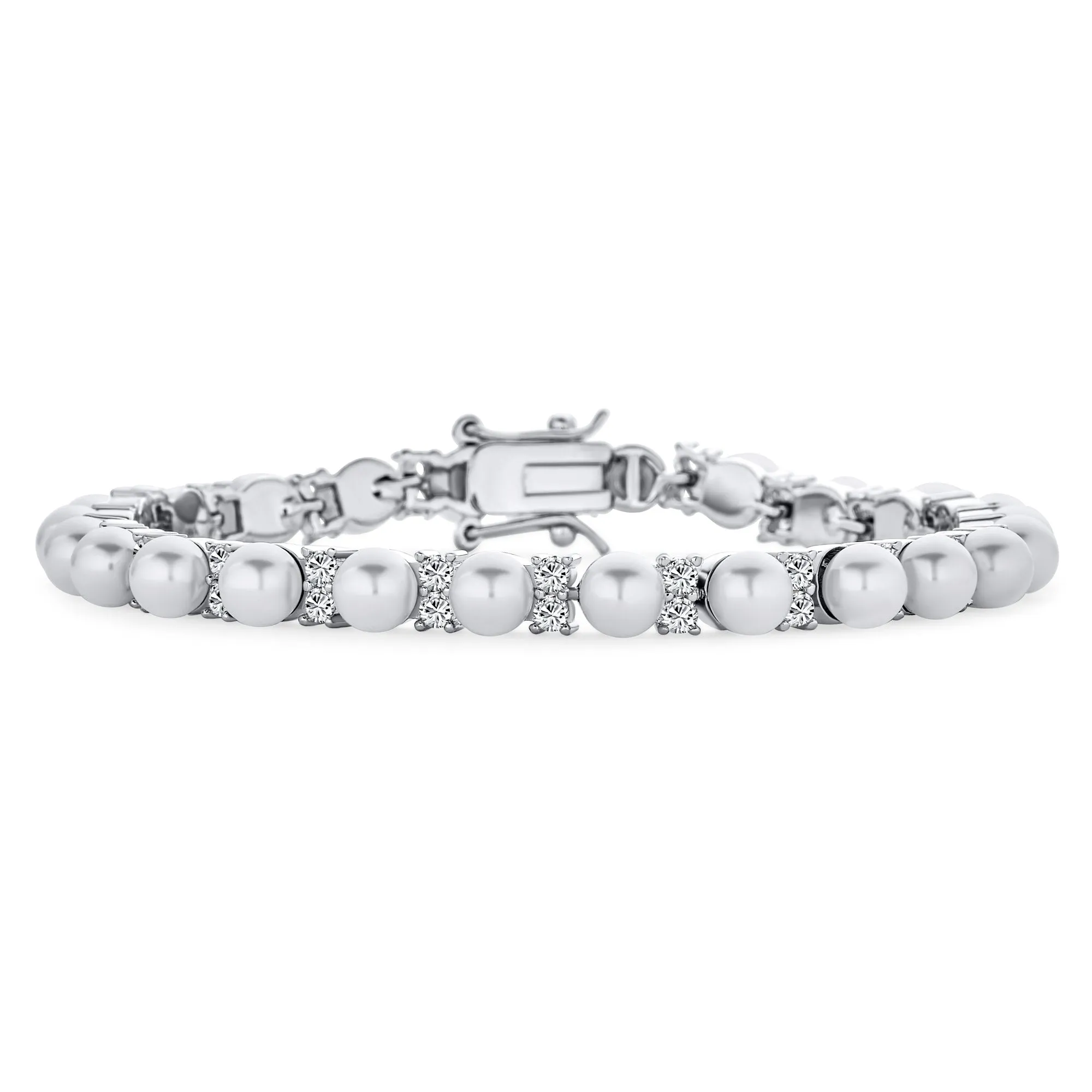 Traditional Bridal CZ Accent Pearl Strand Bracelet Silver Plated 7.25 Inch