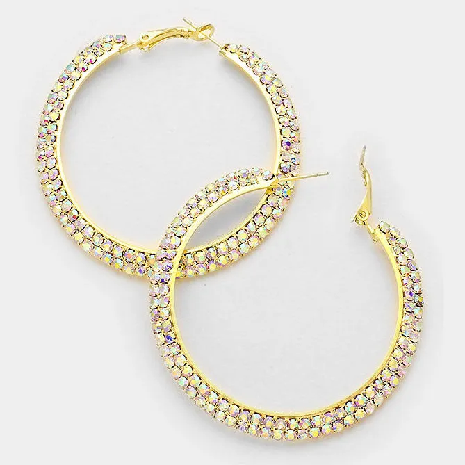 Two Row AB Crystal Hoop Earrings on Gold | 2.3" | 210547