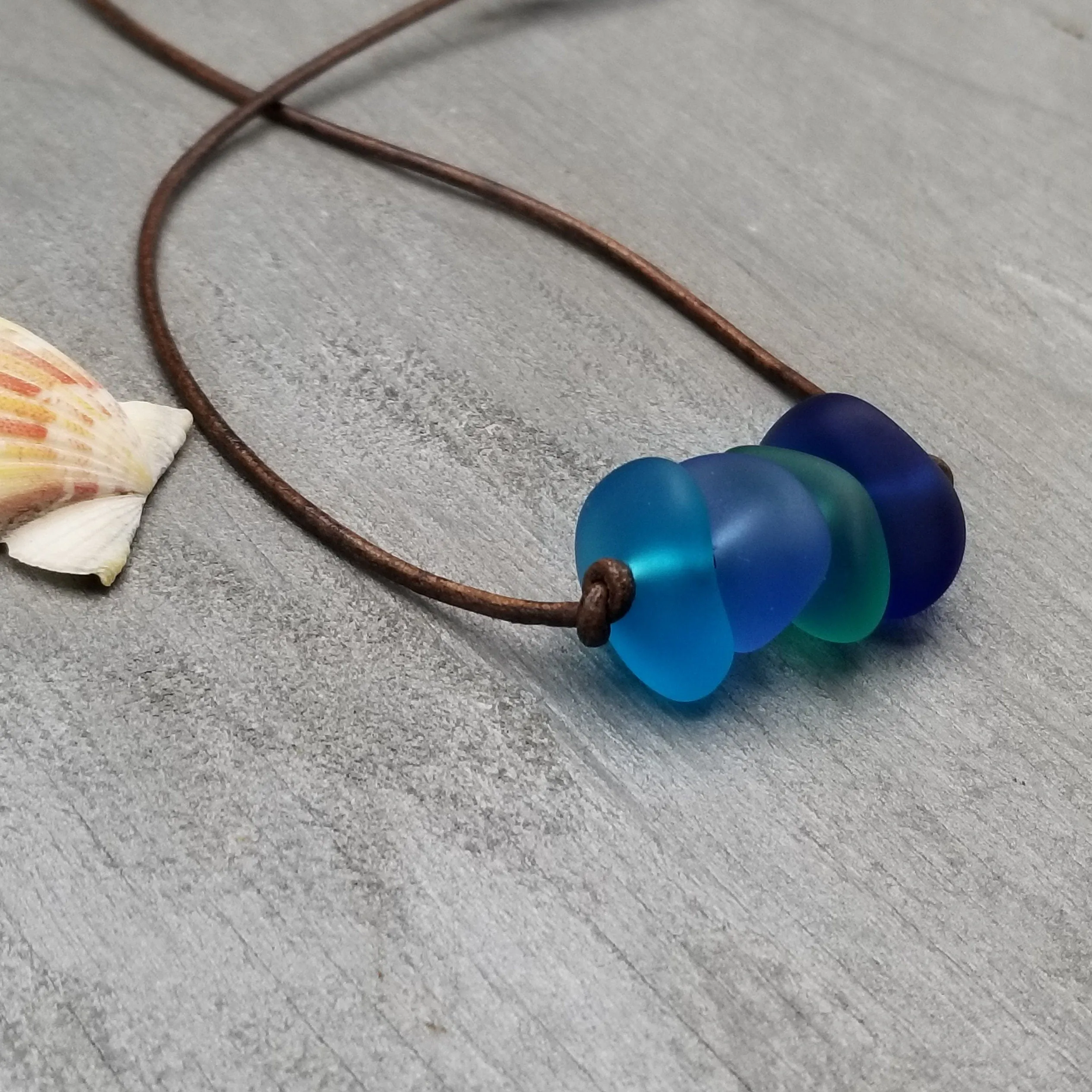 Updated Version with chunkier stones: Handmade in Hawaii, leather cord unisex Quad "Blue Hawaii" sea glass necklace, unisex jewelry