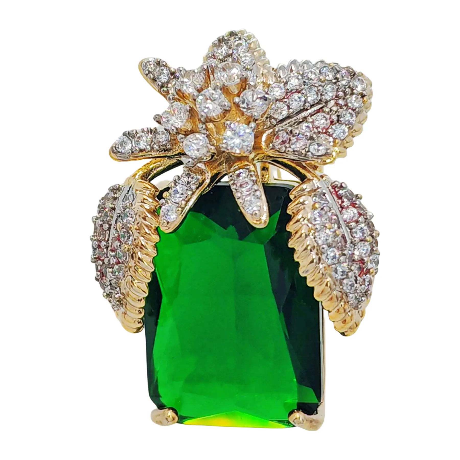 Vase-Shaped Brooch with Gold Tone Flower Design – Transparent Simulated Zircon Stamen and Green Square Center Stone – Elegant Square Pin for Women