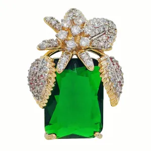 Vase-Shaped Brooch with Gold Tone Flower Design – Transparent Simulated Zircon Stamen and Green Square Center Stone – Elegant Square Pin for Women