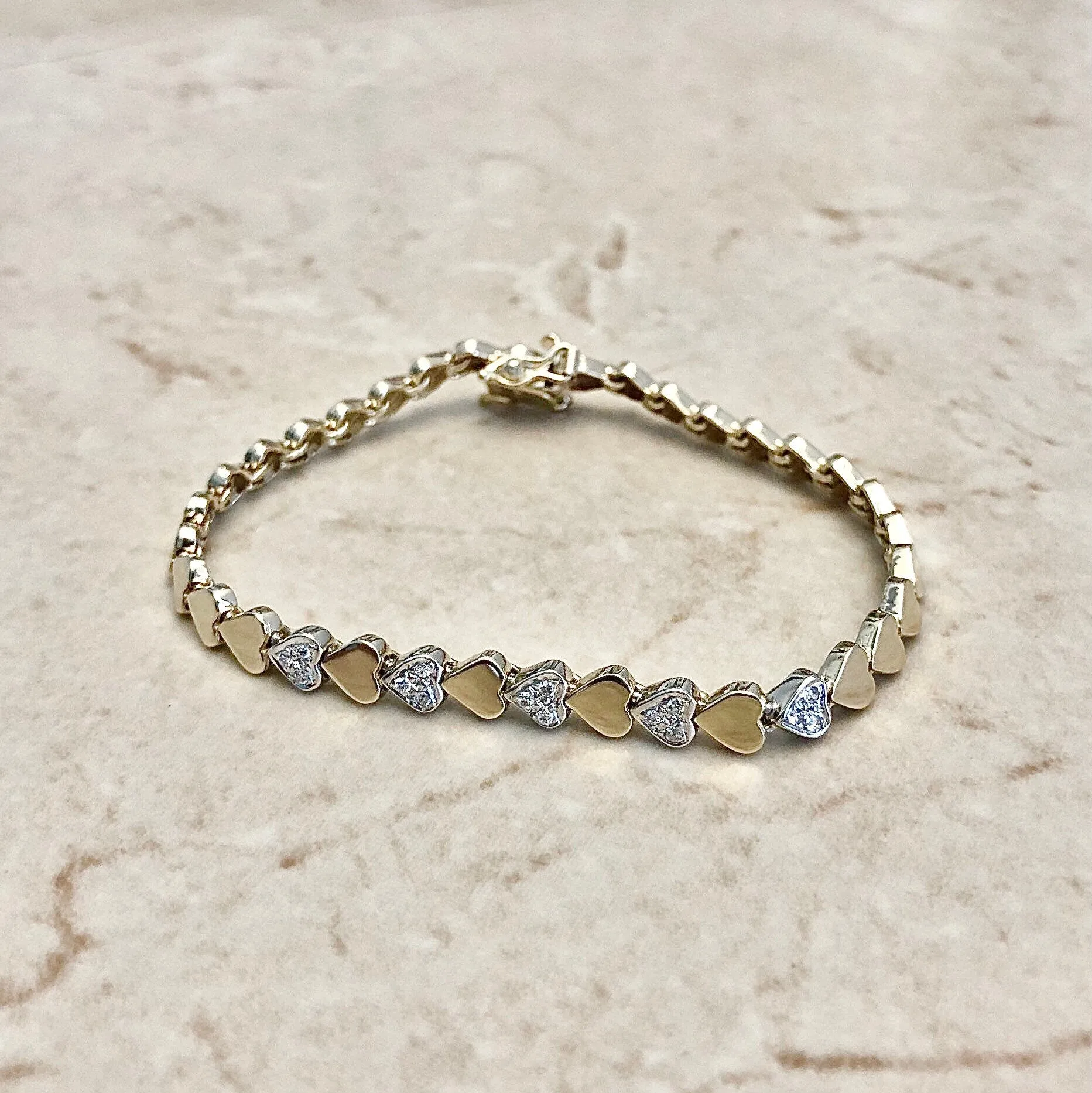 Vintage 14 Karat Yellow & White Gold Diamond Heart Bracelet