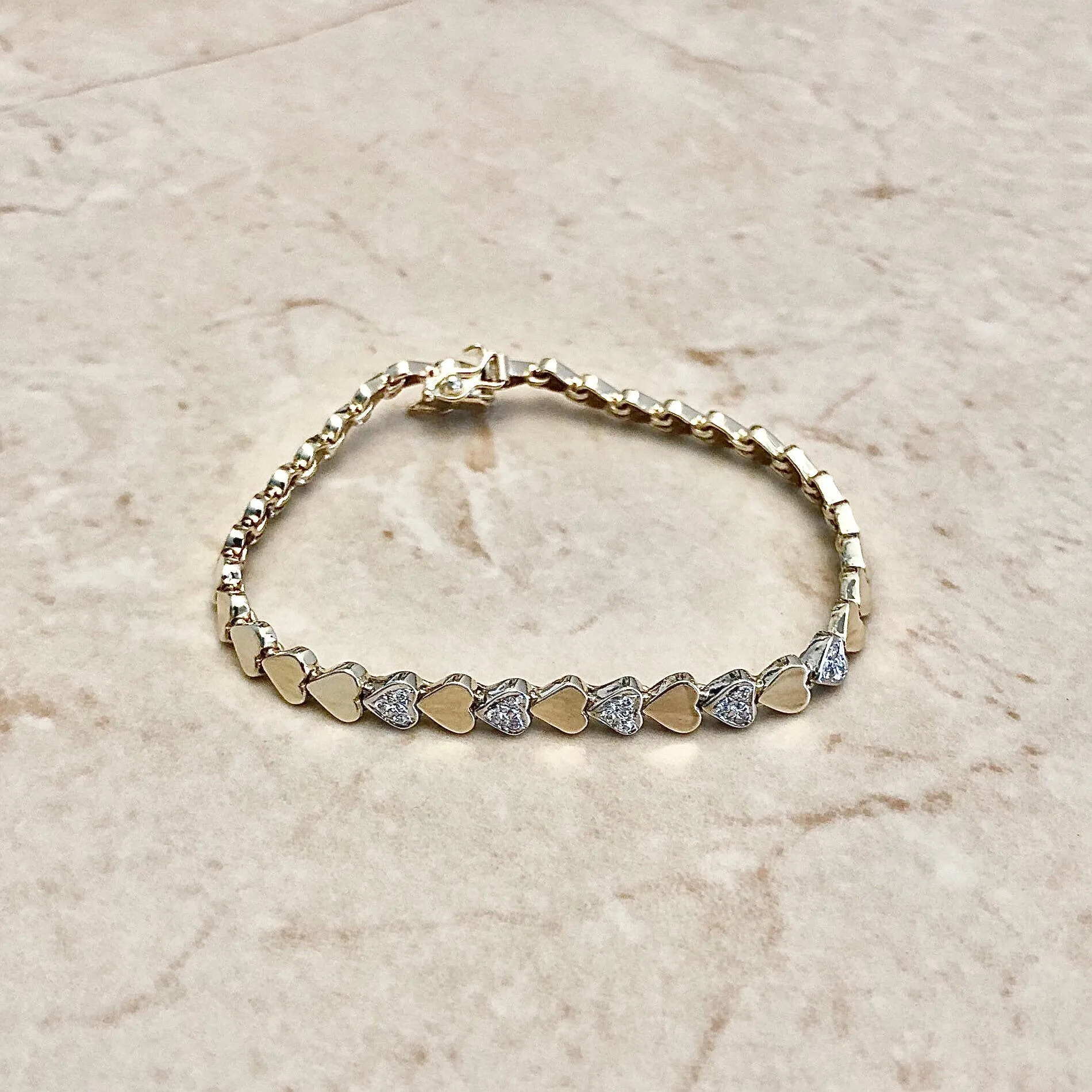 Vintage 14 Karat Yellow & White Gold Diamond Heart Bracelet