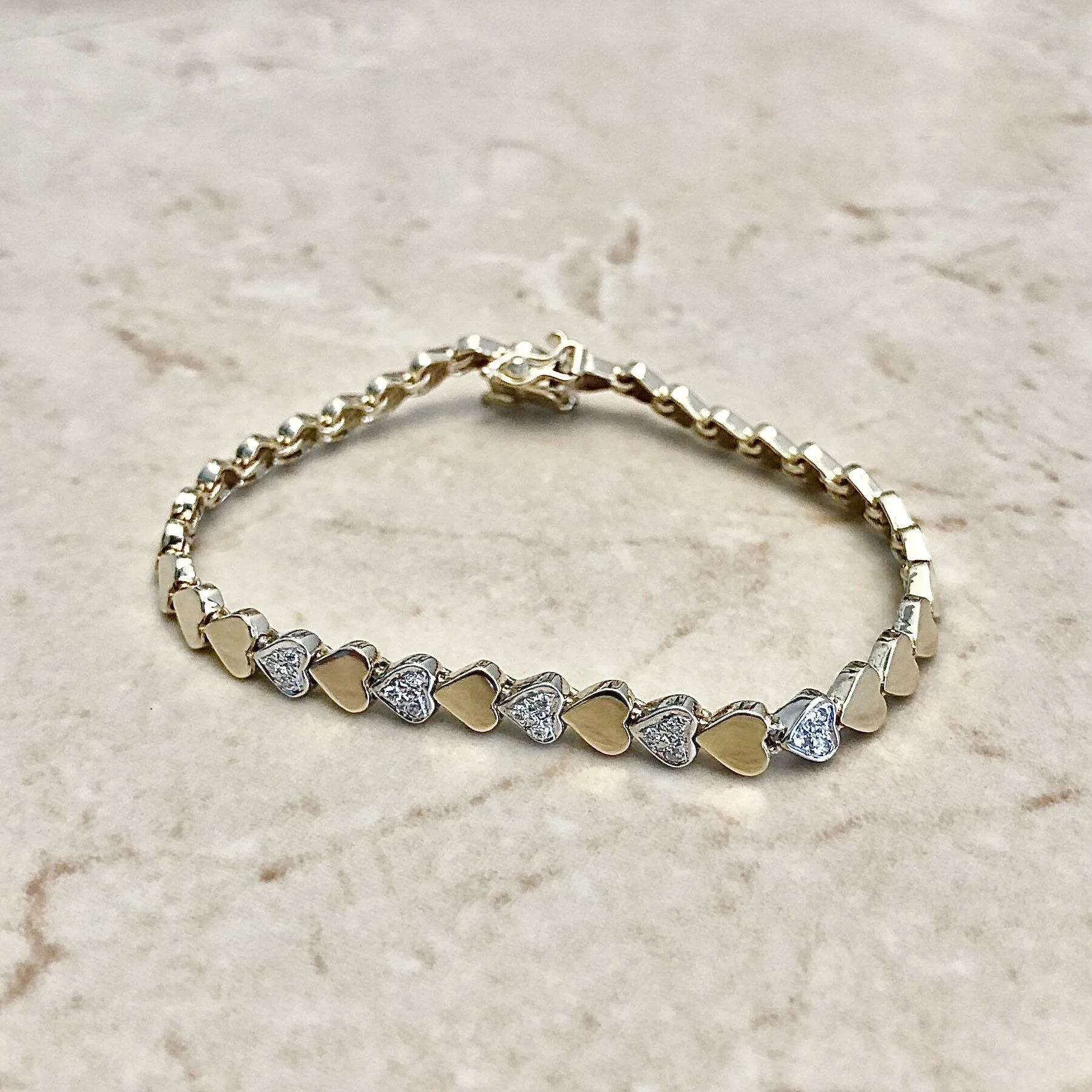Vintage 14 Karat Yellow & White Gold Diamond Heart Bracelet