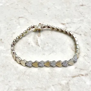 Vintage 14 Karat Yellow & White Gold Diamond Heart Bracelet
