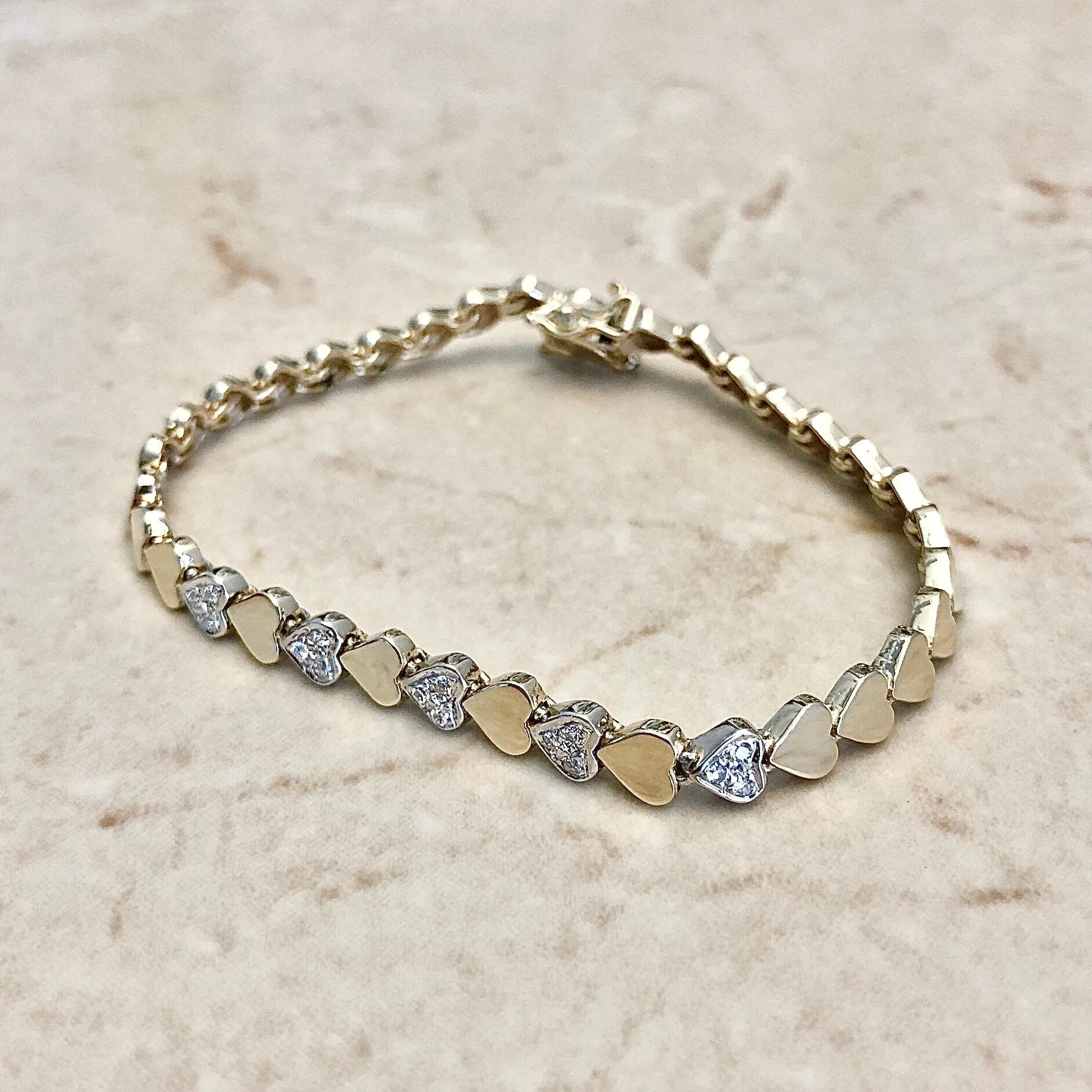 Vintage 14 Karat Yellow & White Gold Diamond Heart Bracelet