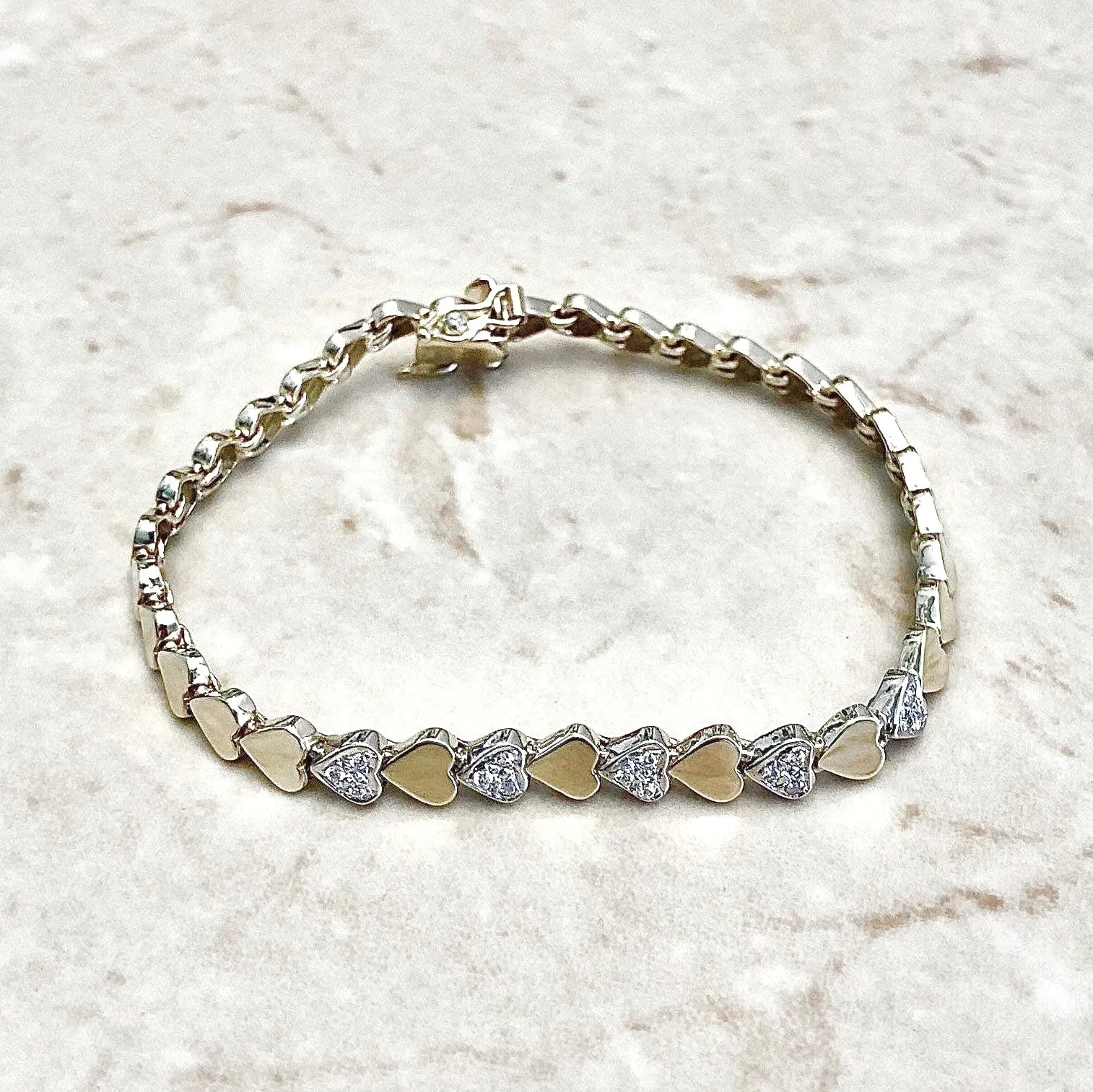 Vintage 14 Karat Yellow & White Gold Diamond Heart Bracelet