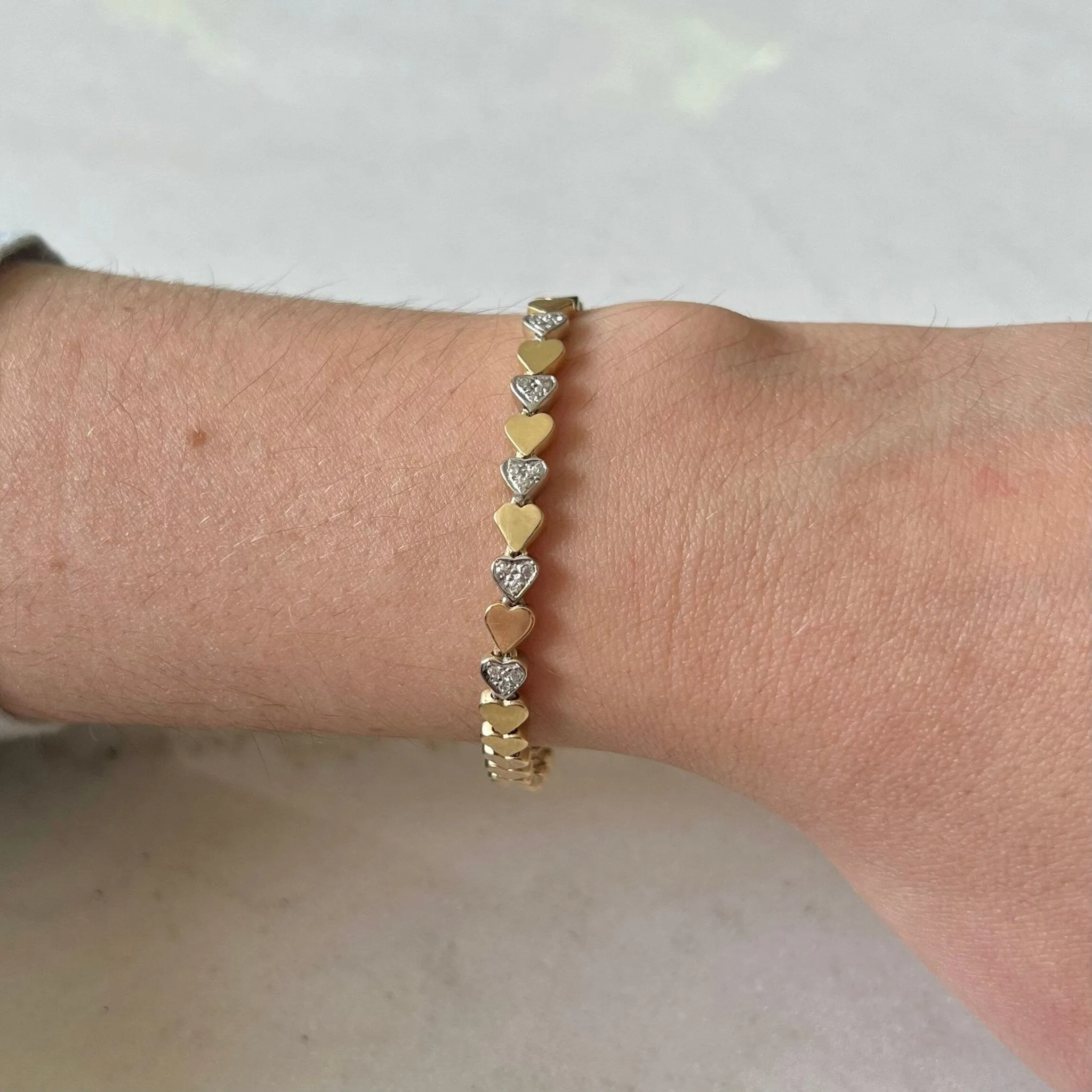 Vintage 14 Karat Yellow & White Gold Diamond Heart Bracelet