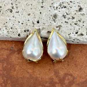 Vintage 14KT Yellow Gold Teardrop Mabe Blister Pearl Earrings