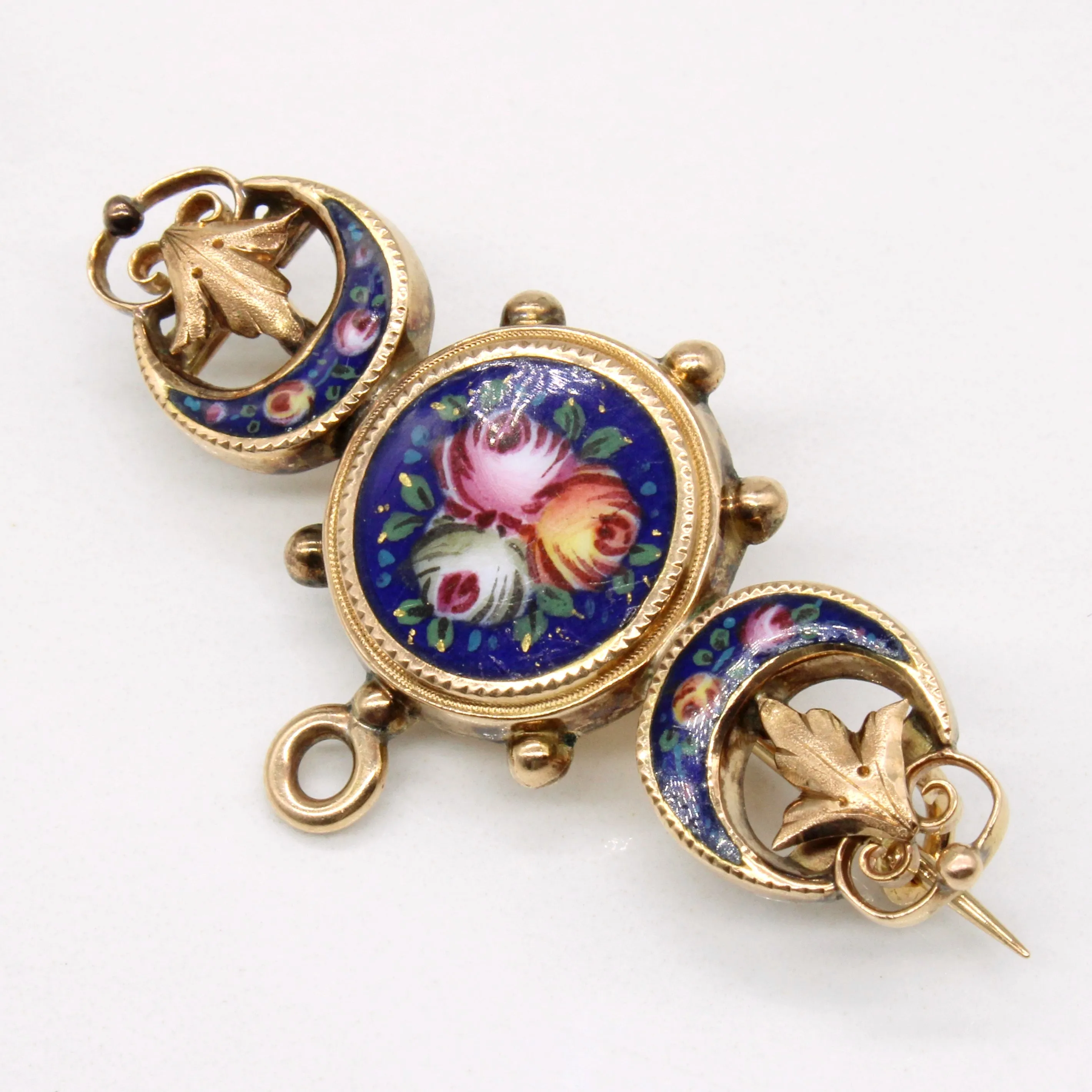 Vintage 18k Yellow Gold Enamel Flower Brooch