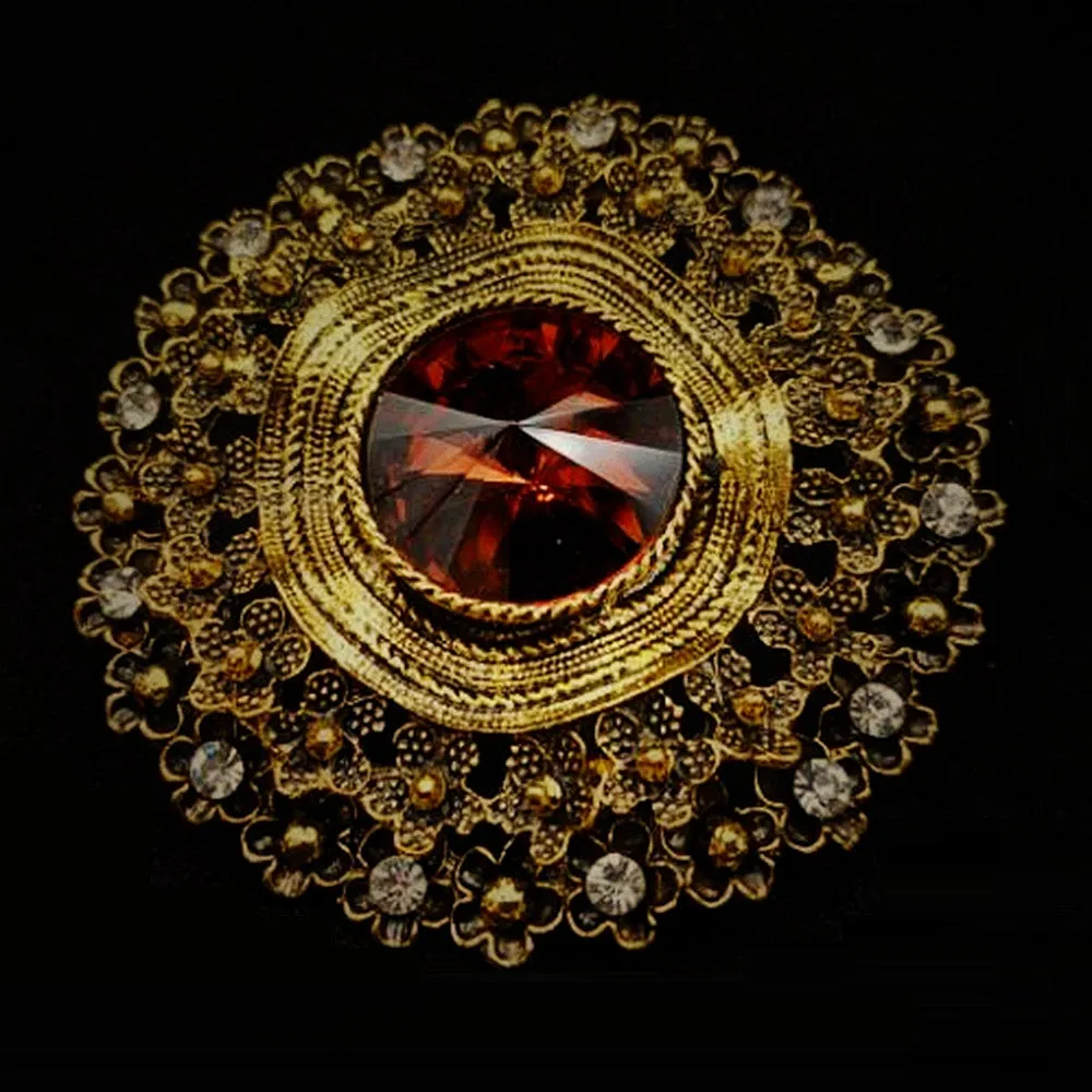 Vintage Big Brown Glass Stone Round Sash Brooch Pin Art Nouveau Jewelry