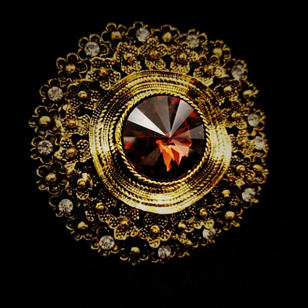 Vintage Big Brown Glass Stone Round Sash Brooch Pin Art Nouveau Jewelry