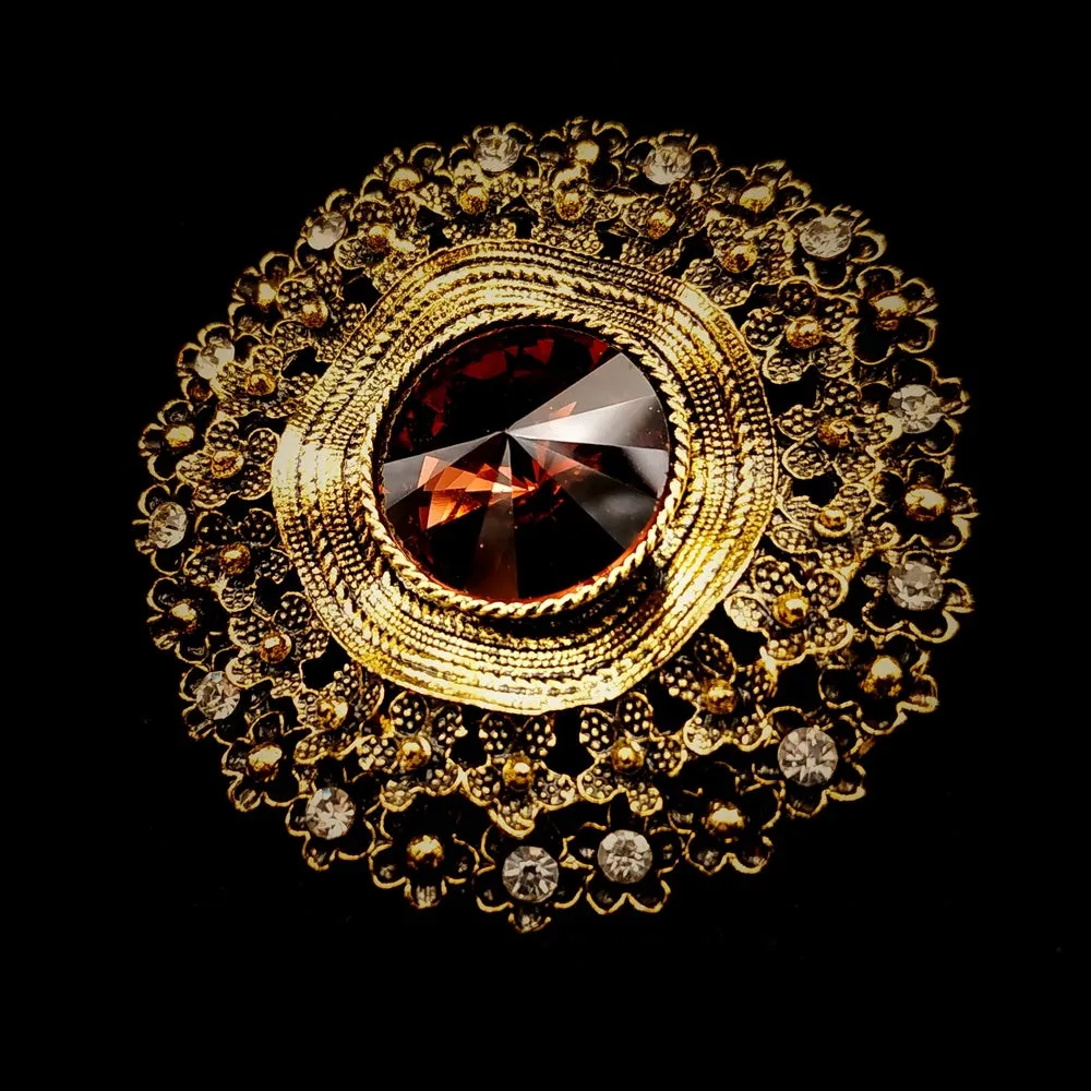 Vintage Big Brown Glass Stone Round Sash Brooch Pin Art Nouveau Jewelry