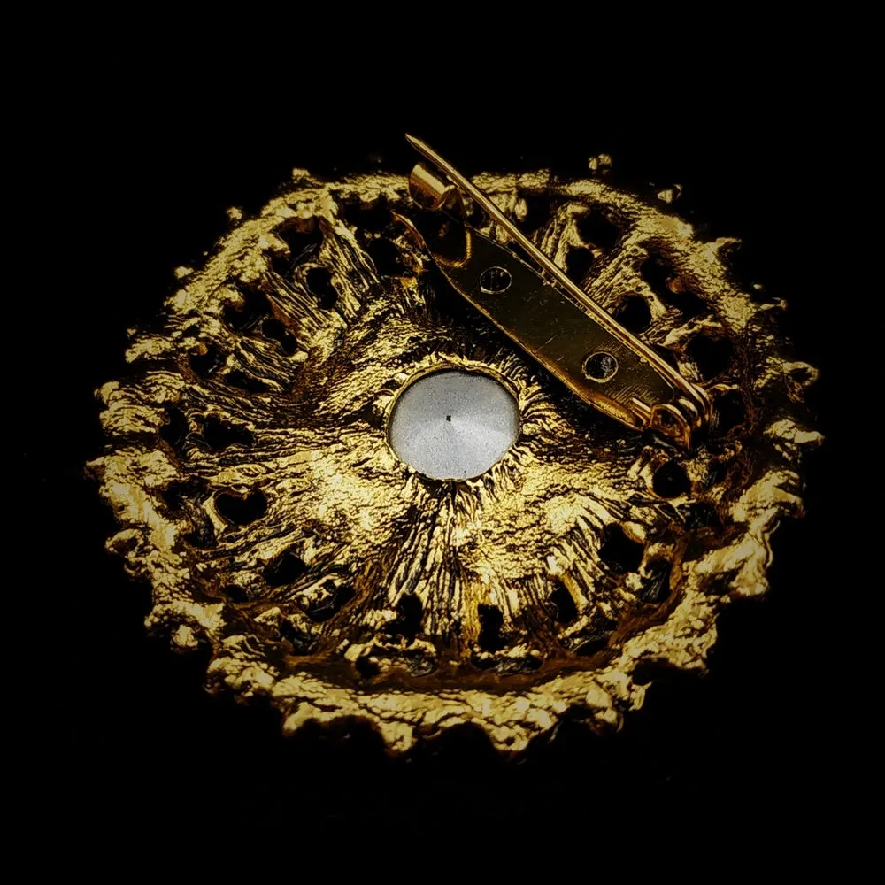 Vintage Big Brown Glass Stone Round Sash Brooch Pin Art Nouveau Jewelry