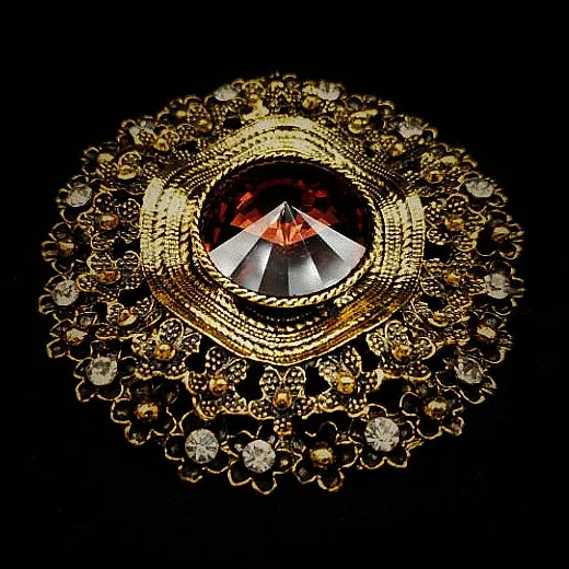 Vintage Big Brown Glass Stone Round Sash Brooch Pin Art Nouveau Jewelry