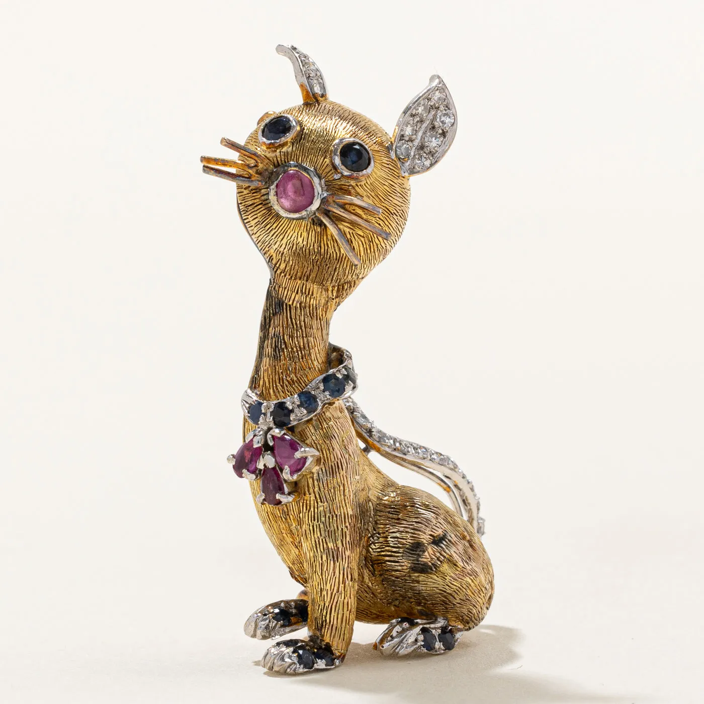 Vintage Diamond, Sapphire and Ruby Cat Brooch | 1.17ctw |