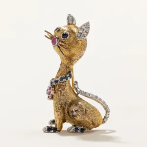 Vintage Diamond, Sapphire and Ruby Cat Brooch | 1.17ctw |