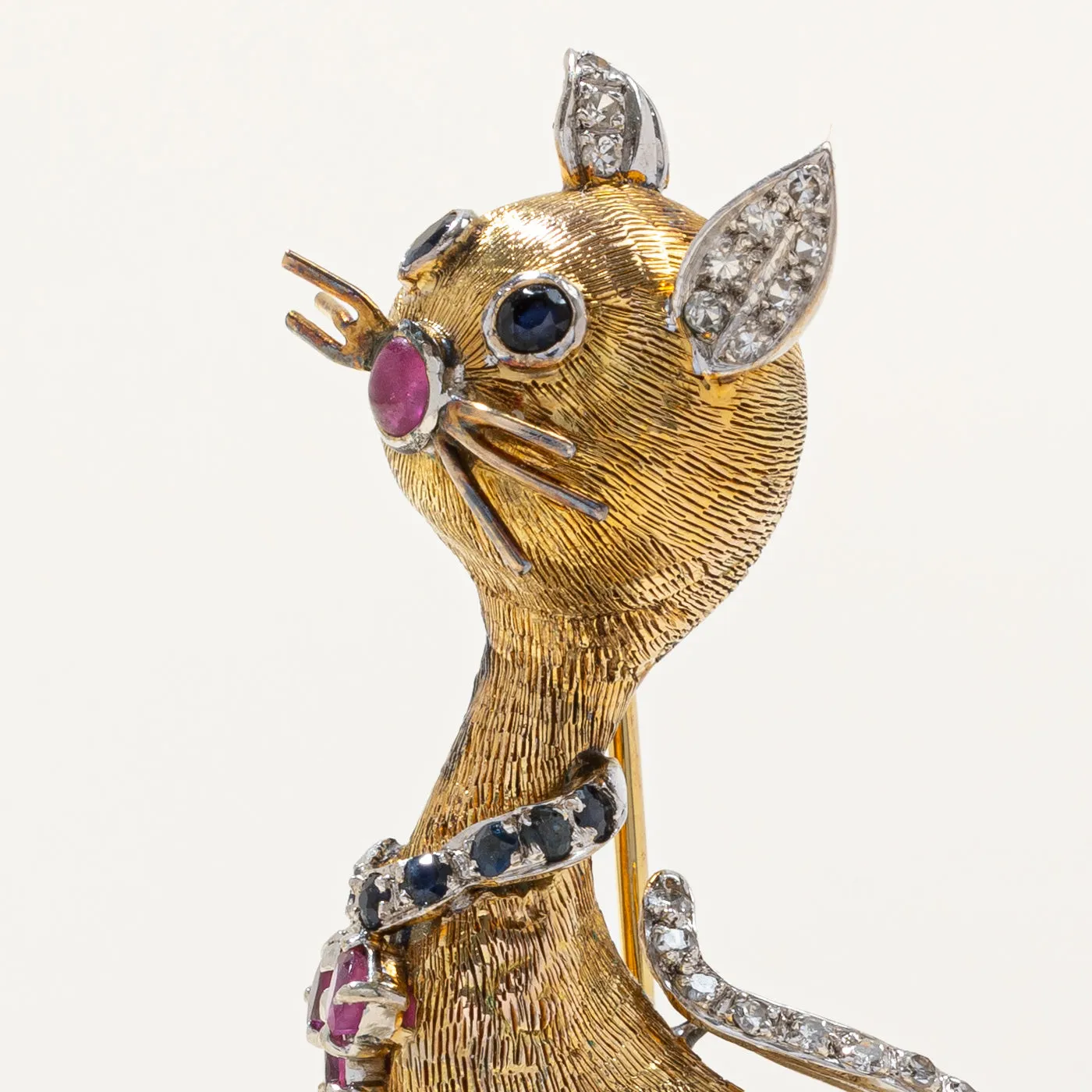 Vintage Diamond, Sapphire and Ruby Cat Brooch | 1.17ctw |