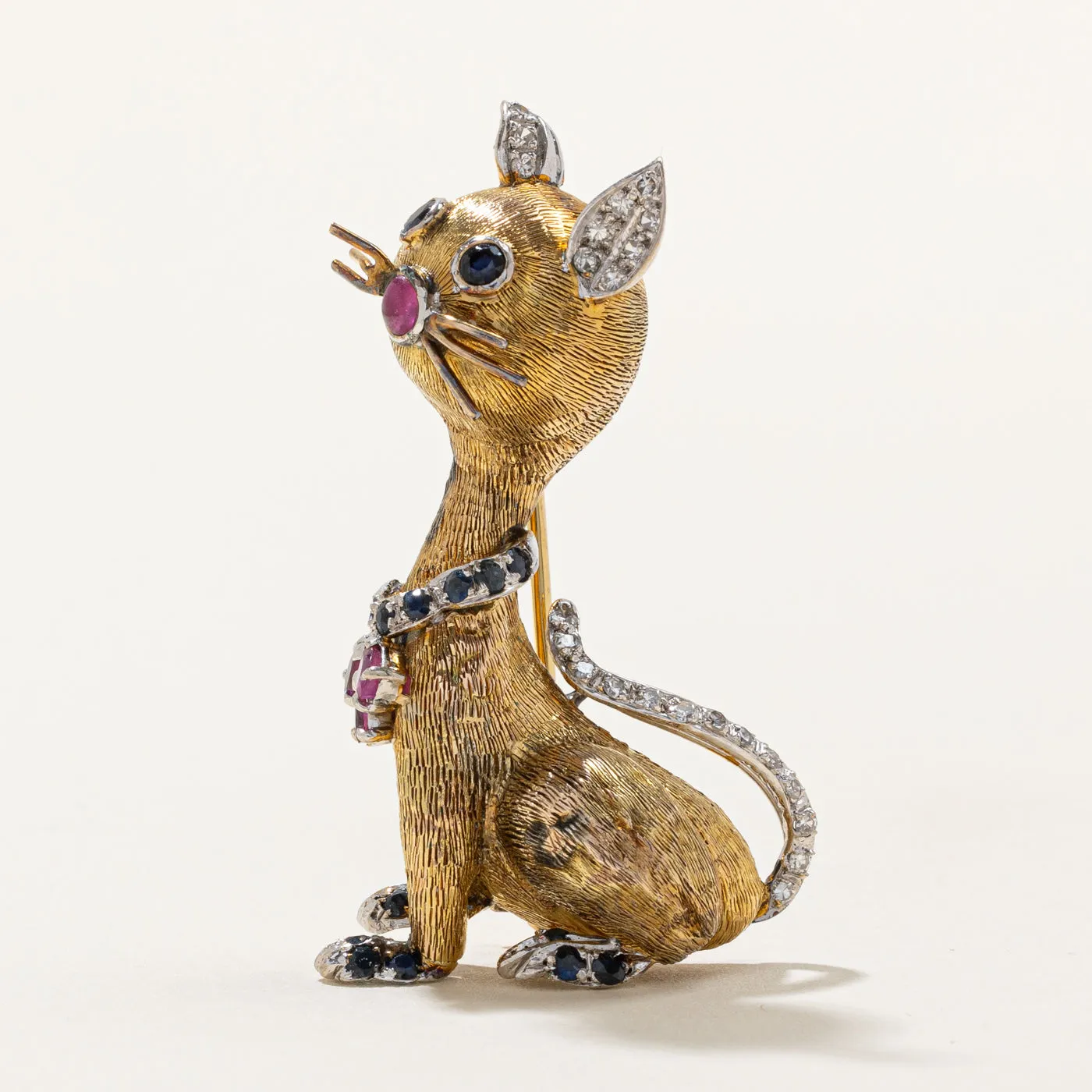 Vintage Diamond, Sapphire and Ruby Cat Brooch | 1.17ctw |