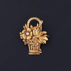 Vintage Flower Basket Brooch of 14k Gold