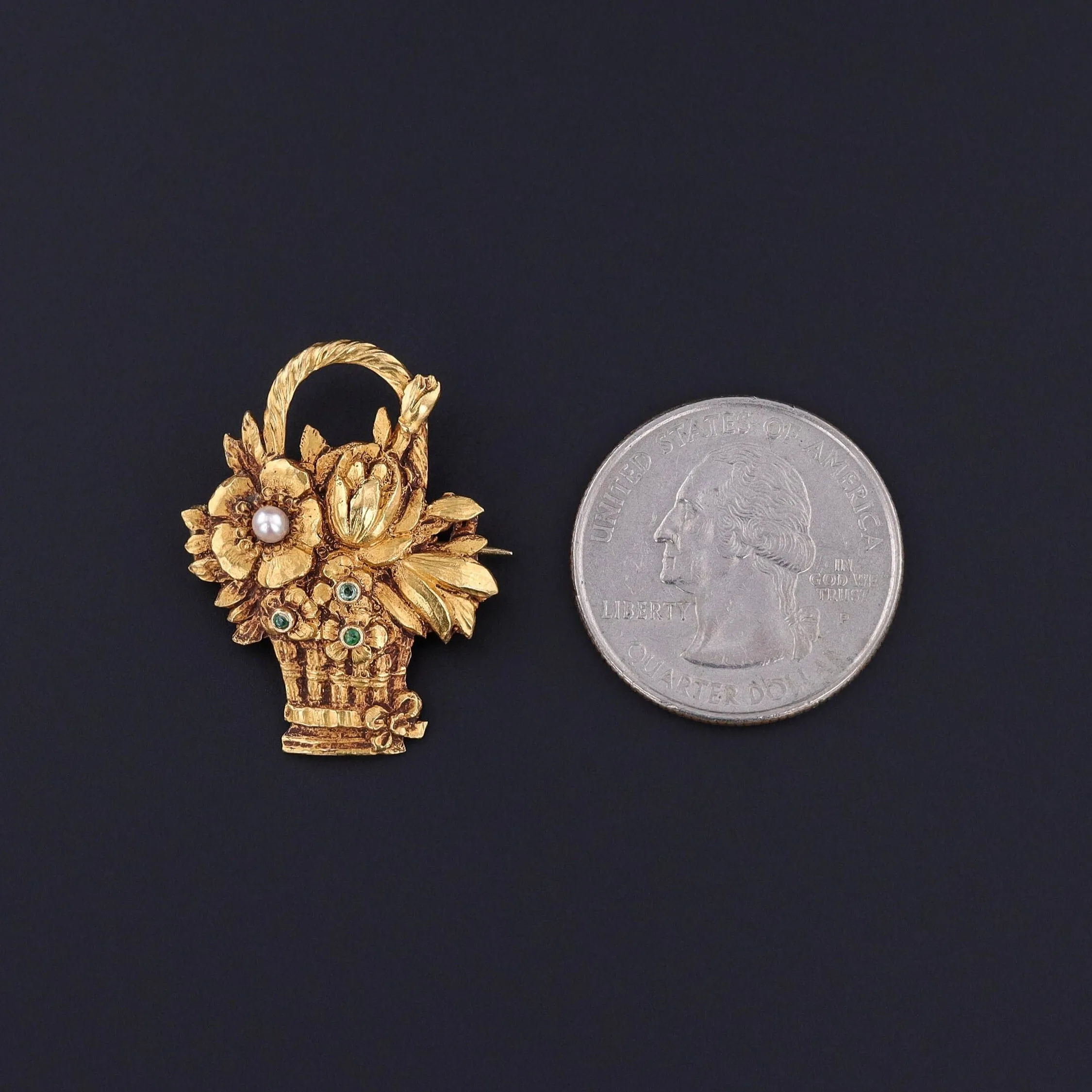 Vintage Flower Basket Brooch of 14k Gold