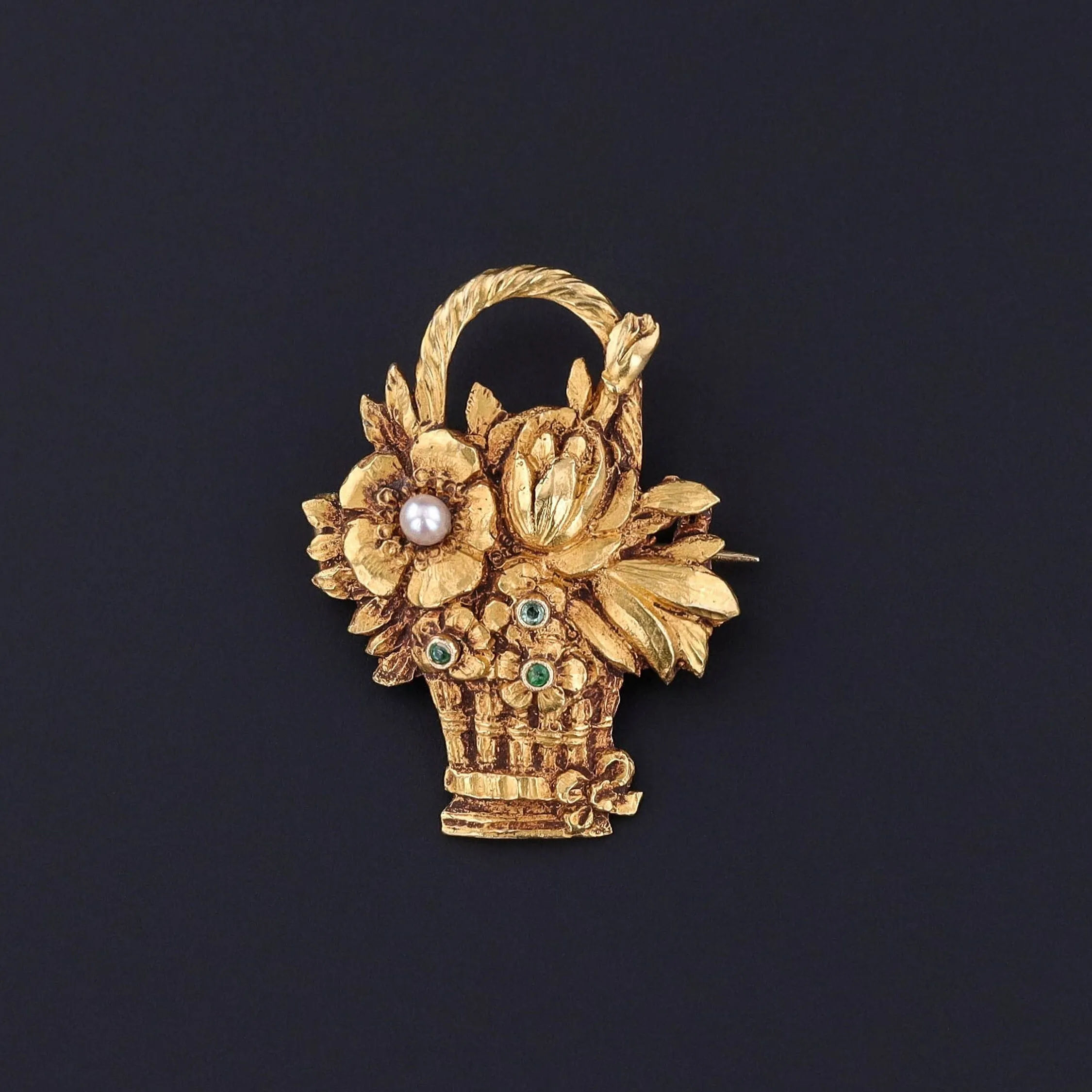 Vintage Flower Basket Brooch of 14k Gold