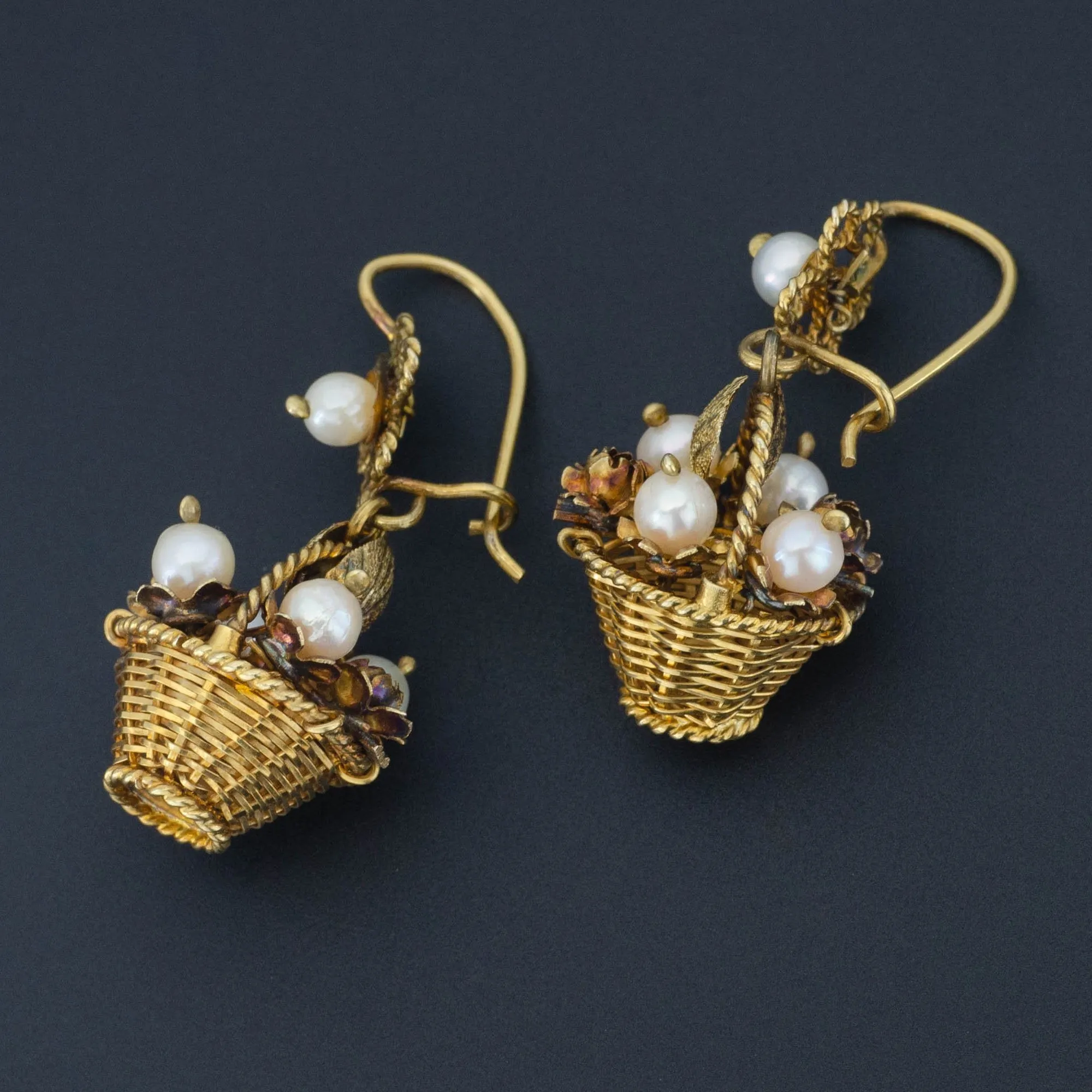 Vintage Flower Basket Earrings | 10k Gold Earrings