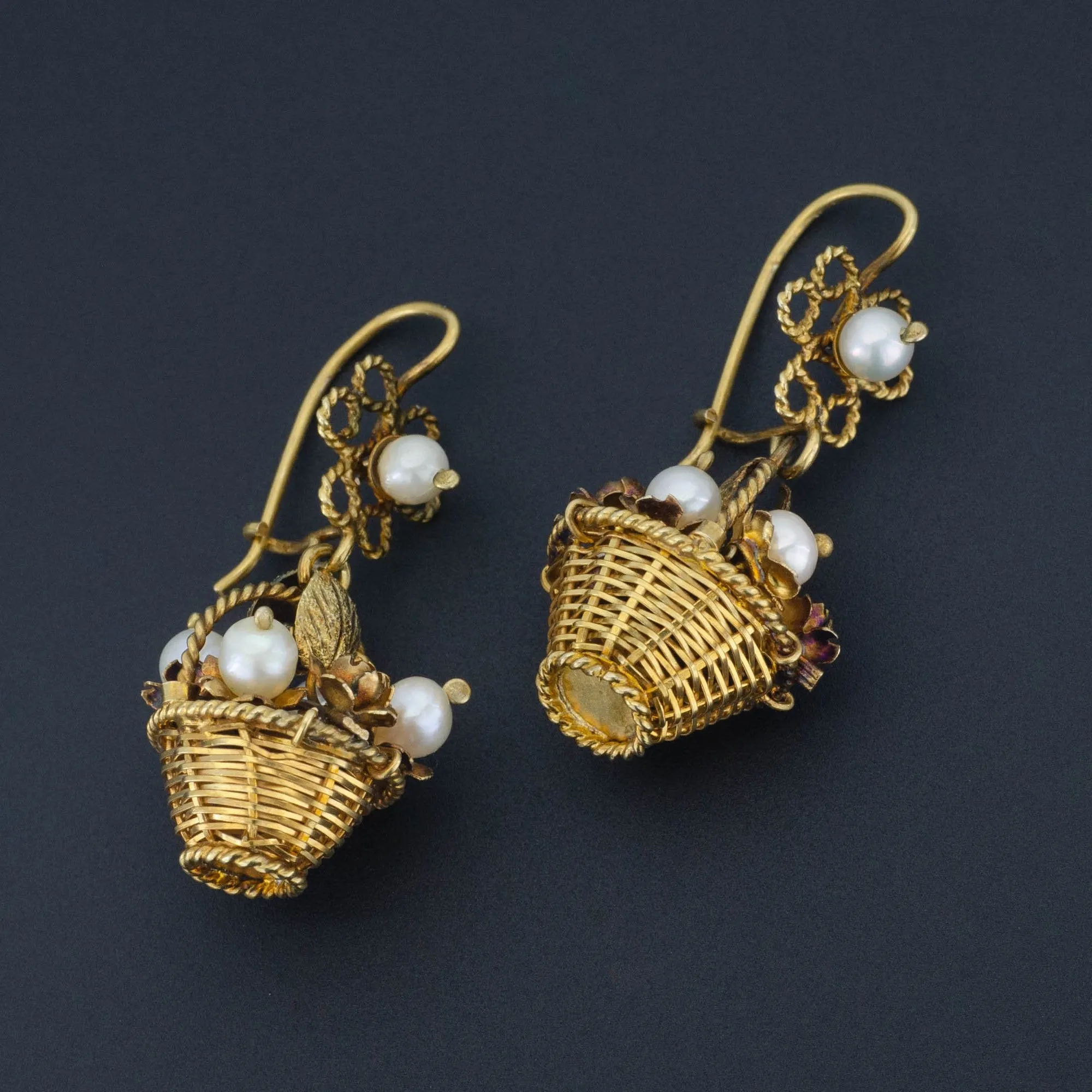 Vintage Flower Basket Earrings | 10k Gold Earrings