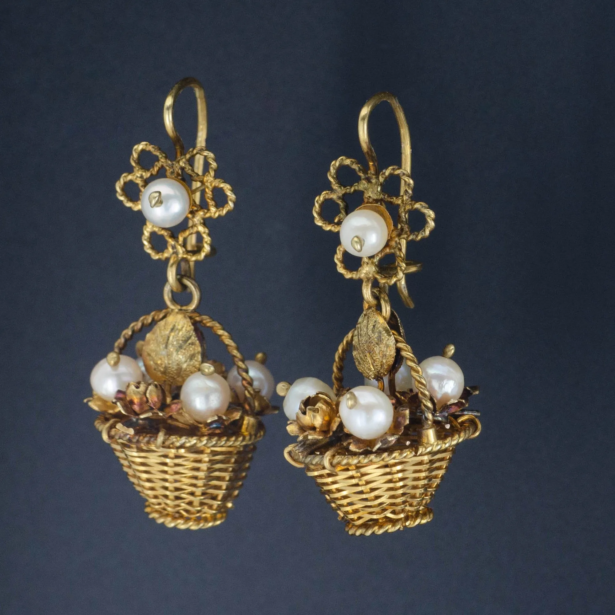 Vintage Flower Basket Earrings | 10k Gold Earrings