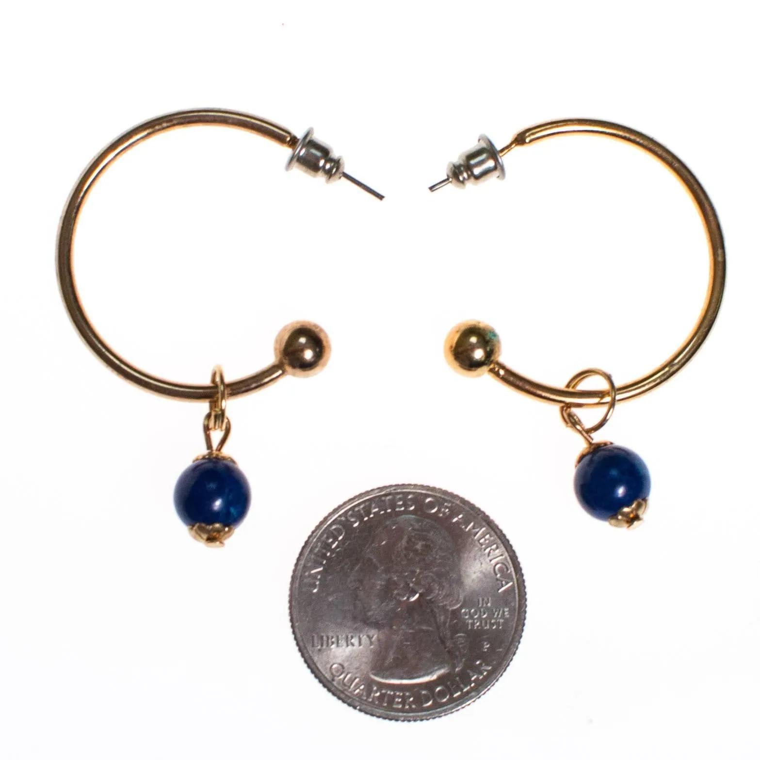 Vintage Gold Hoop Earrings with Blue Lapis Bead