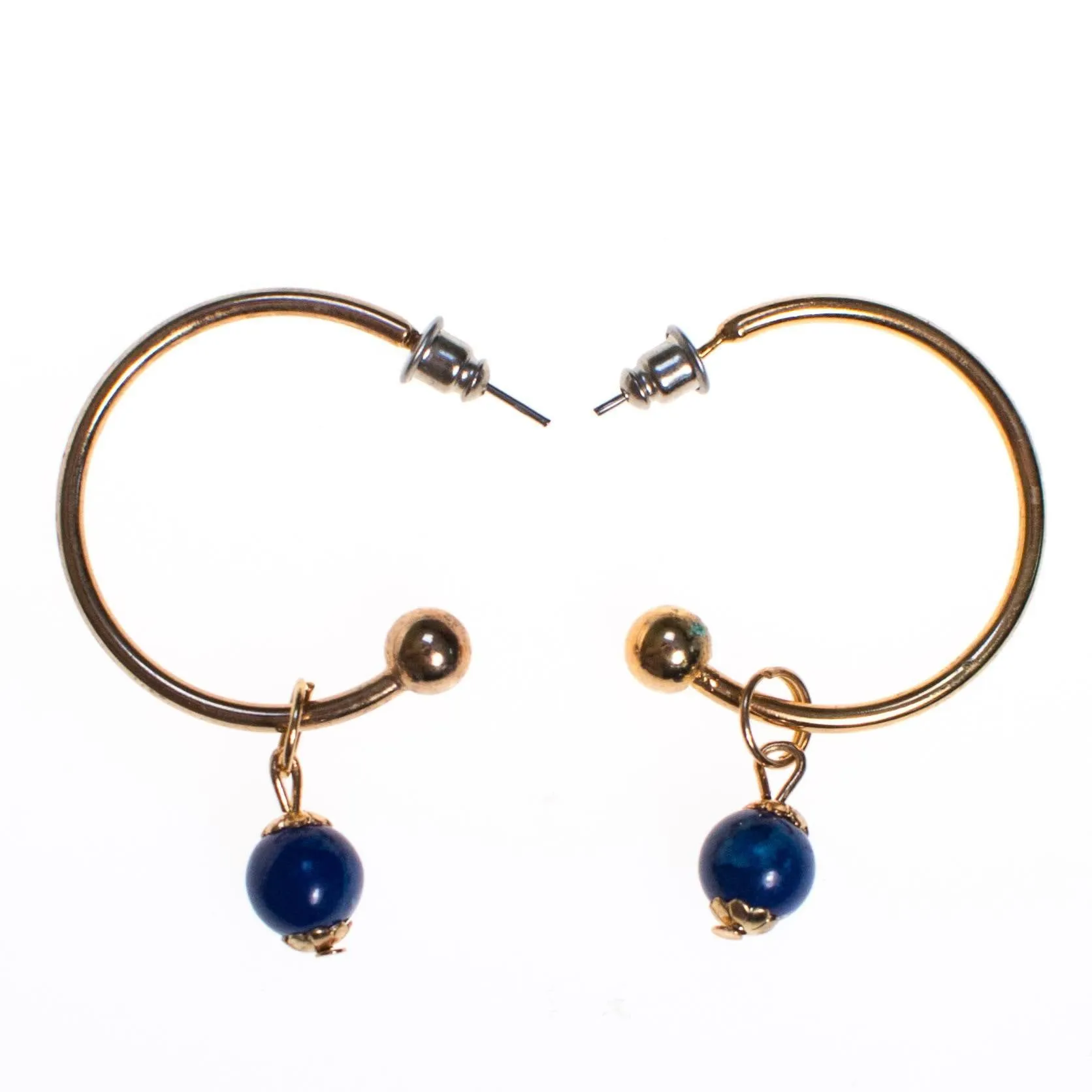 Vintage Gold Hoop Earrings with Blue Lapis Bead