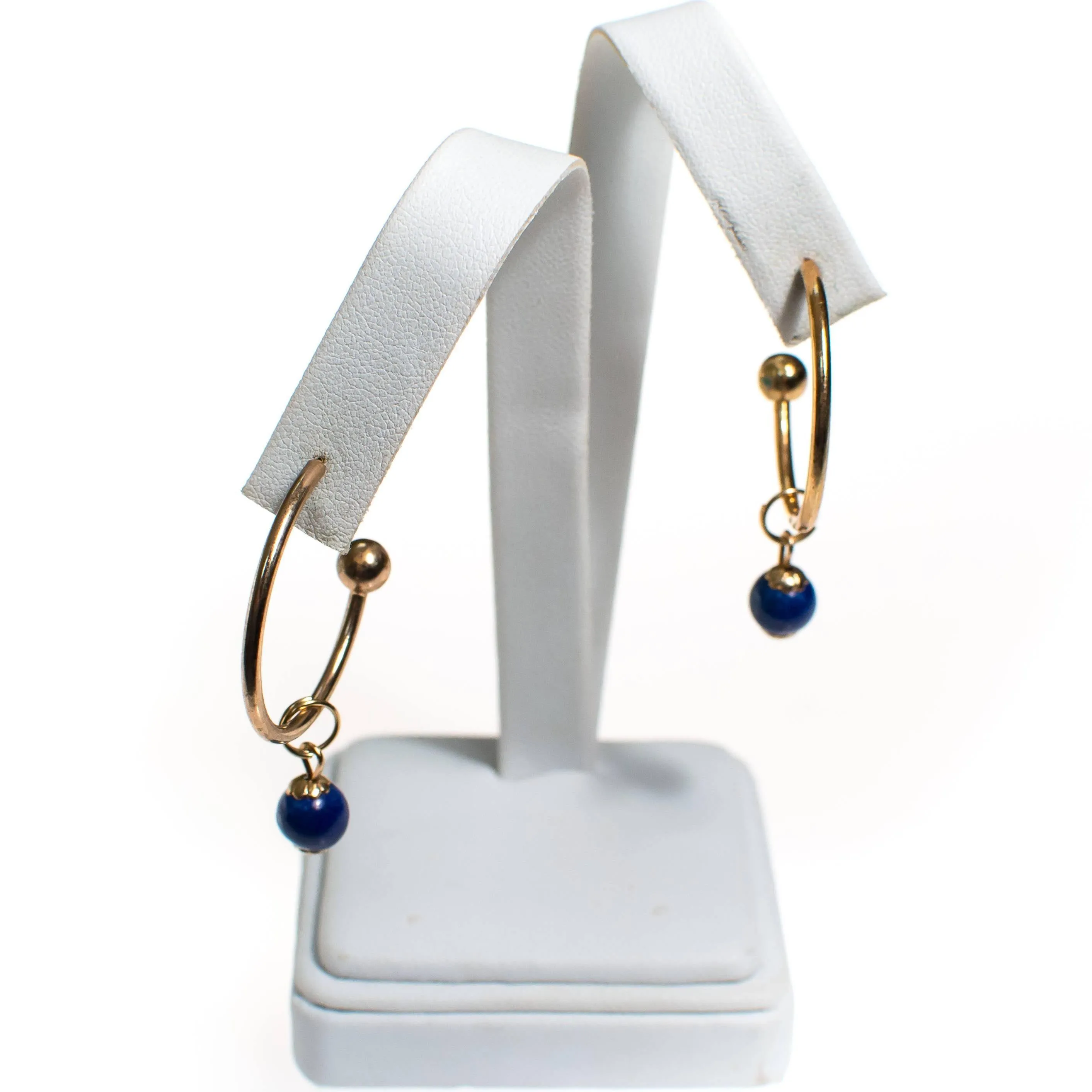 Vintage Gold Hoop Earrings with Blue Lapis Bead