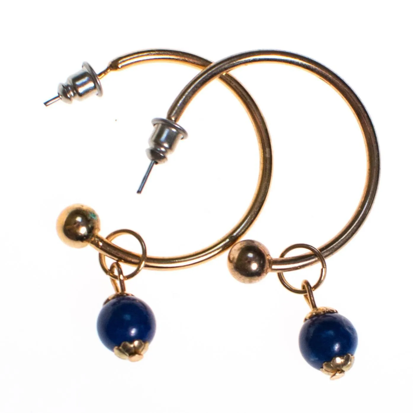 Vintage Gold Hoop Earrings with Blue Lapis Bead