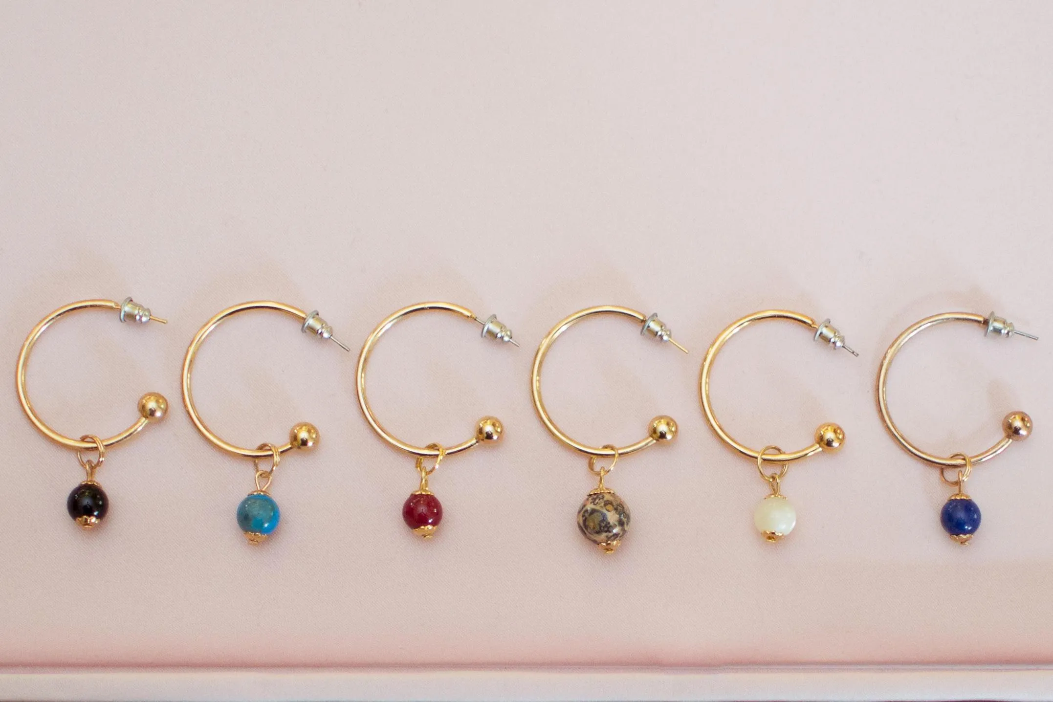 Vintage Gold Hoop Earrings with Blue Lapis Bead
