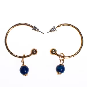 Vintage Gold Hoop Earrings with Blue Lapis Bead