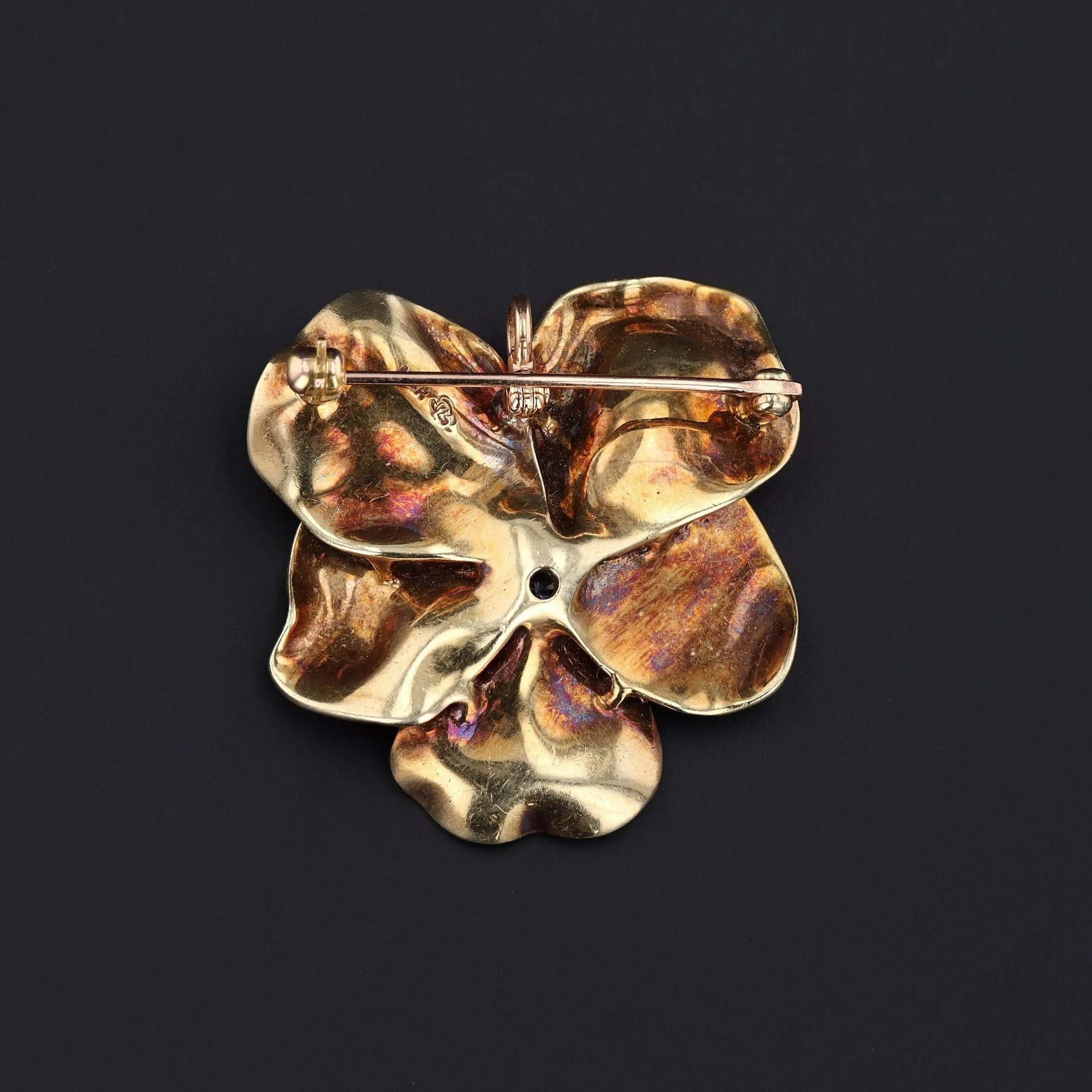 Vintage Purple Enamel and Diamond Pansy Brooch of 14k Gold