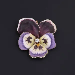 Vintage Purple Enamel and Diamond Pansy Brooch of 14k Gold