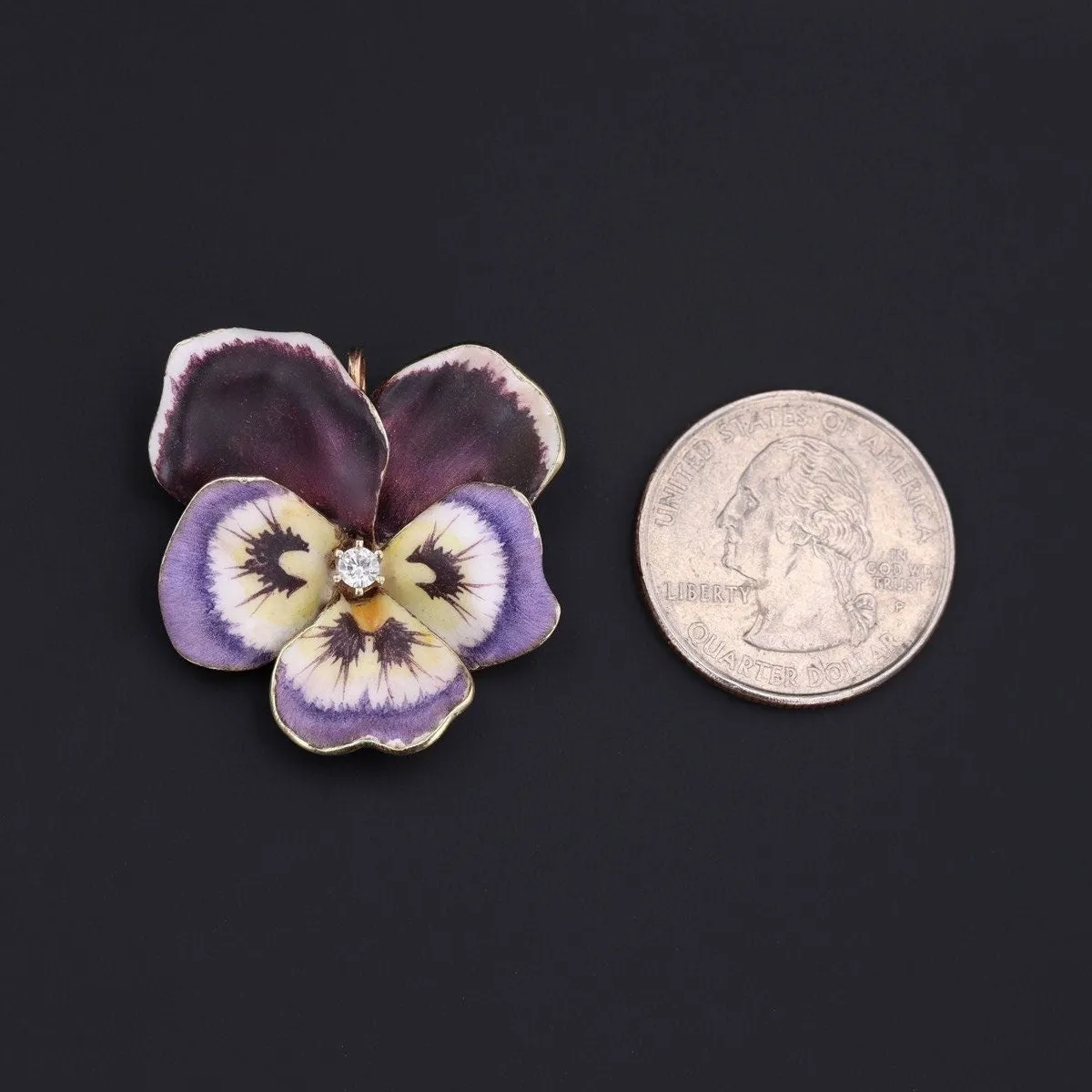 Vintage Purple Enamel and Diamond Pansy Brooch of 14k Gold
