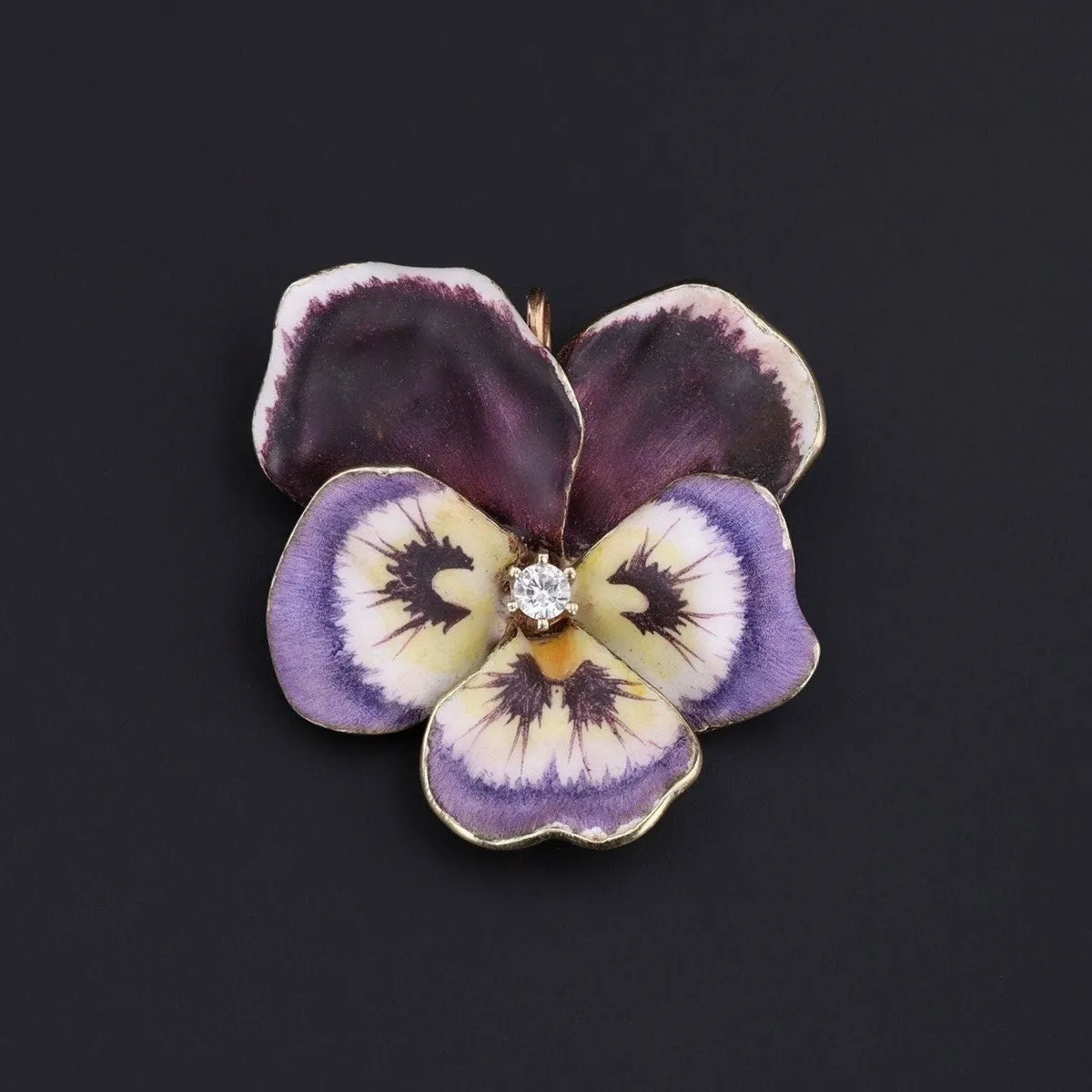 Vintage Purple Enamel and Diamond Pansy Brooch of 14k Gold